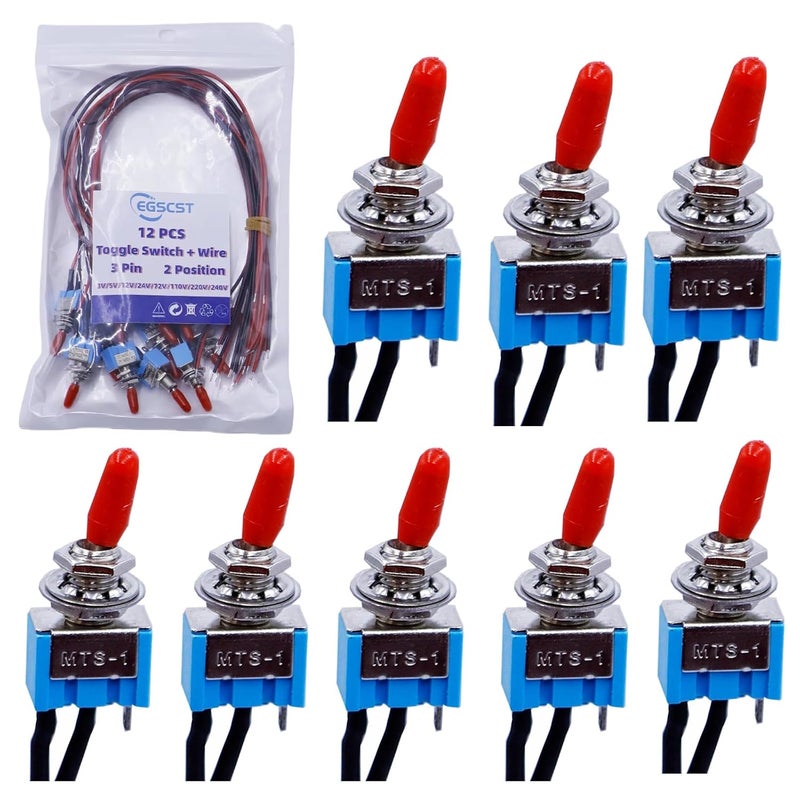 EGSCST 12PCS Mini Toggle Switch SPST with Pre-soldered Wires 6A 3V/5V/12V/24V/72V/110V/220V/240V Miniature ON/Off 3 Pin 2 Position Micro Rocker Switches - Image 1